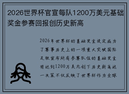 2026世界杯官宣每队1200万美元基础奖金参赛回报创历史新高